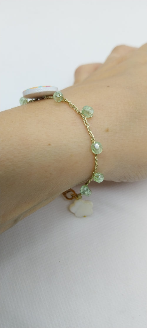 Green Crystal Bracelet - Button Pearl & Gold Wire
