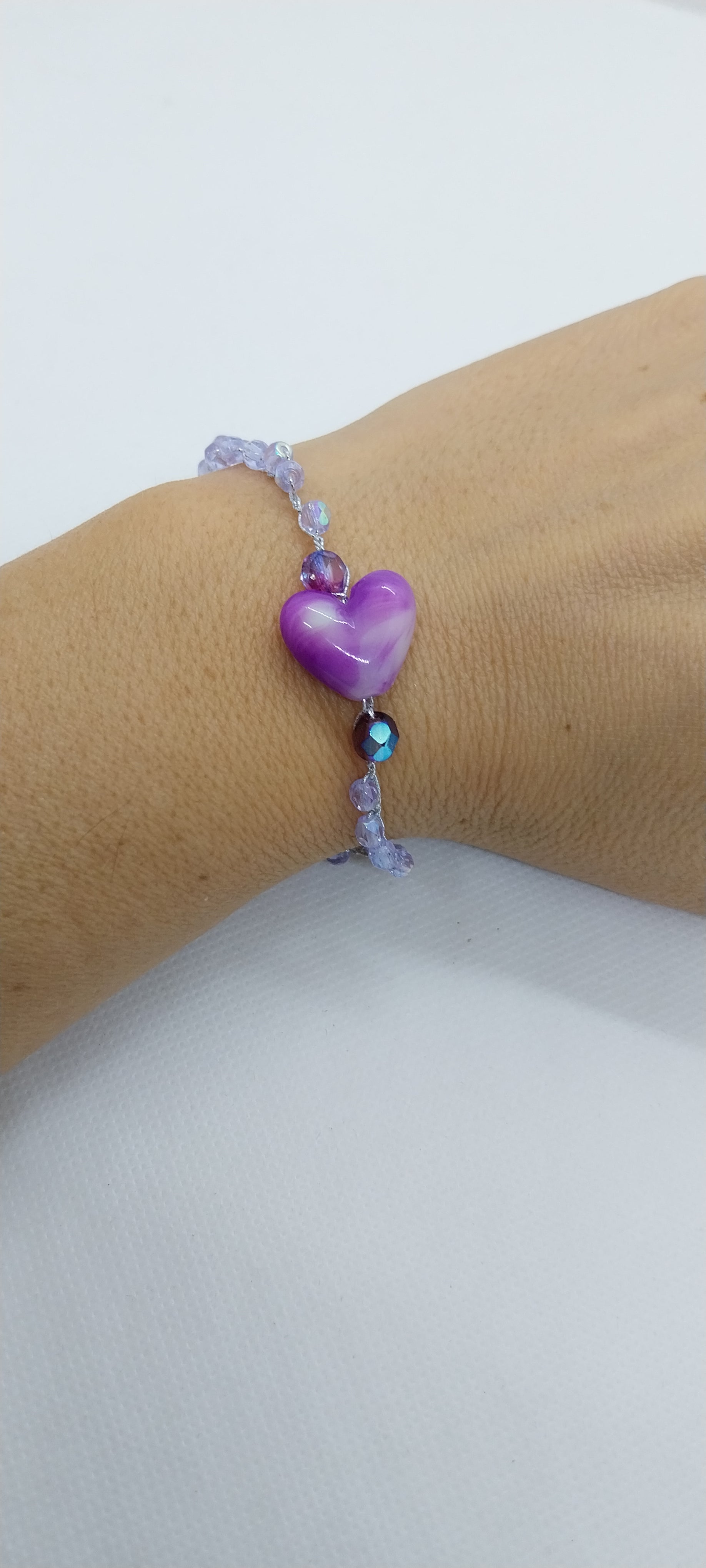 Bracelet Cœur Violet - Perles Cristal & Fil Argent 2 Niveaux