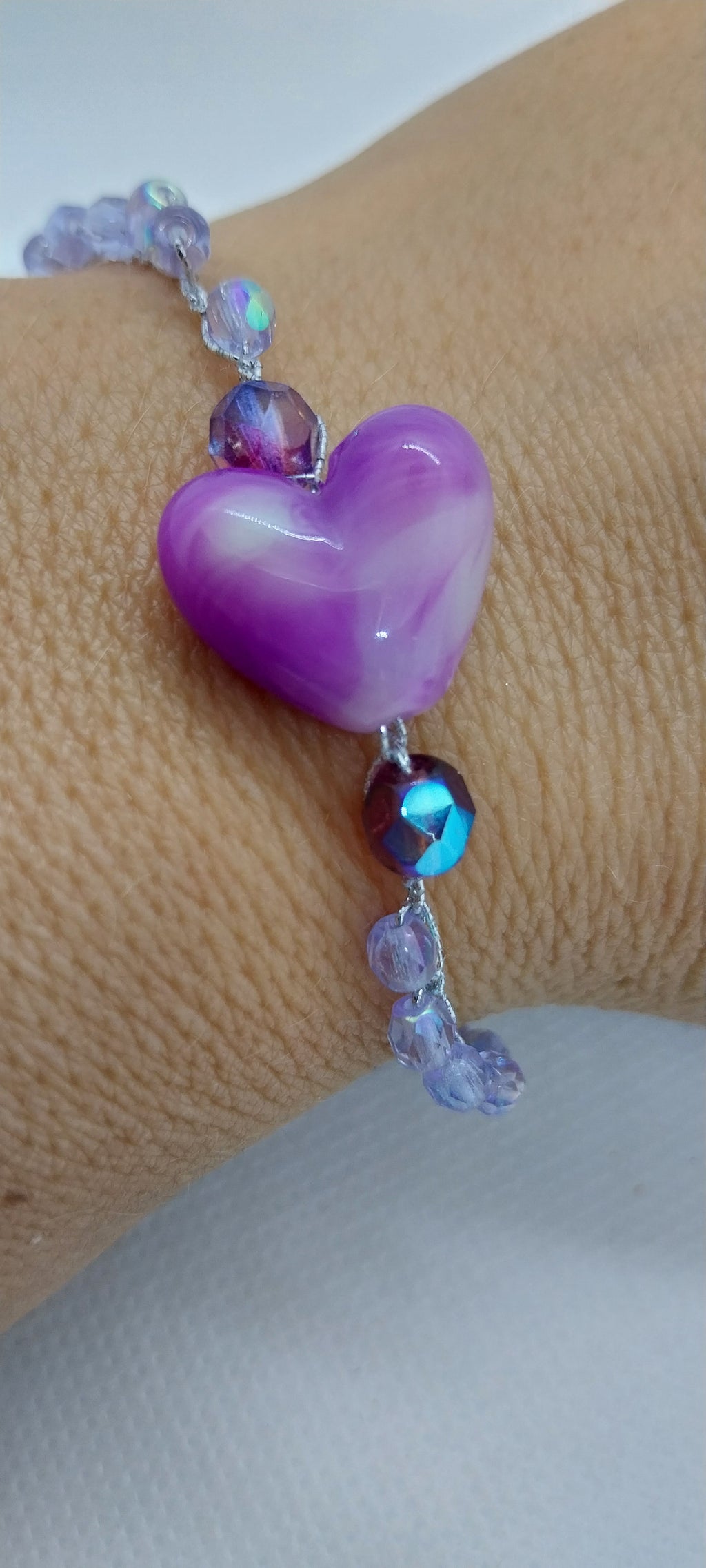 Bracelet Cœur Violet - Perles Cristal & Fil Argent 2 Niveaux