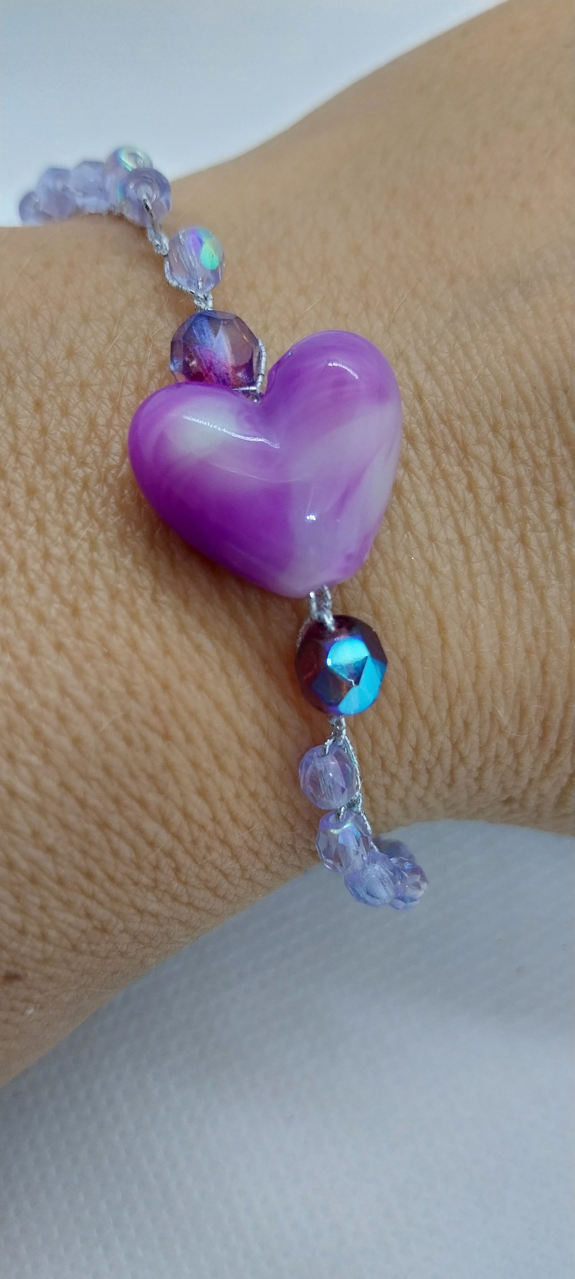 Bracelet Cœur Violet - Perles Cristal & Fil Argent 2 Niveaux