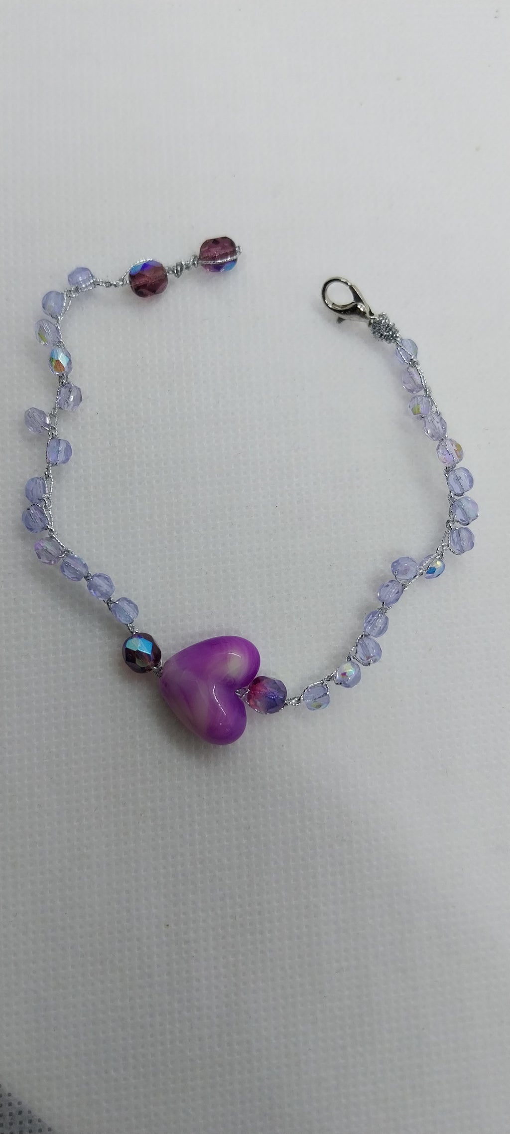 Bracelet Cœur Violet - Perles Cristal & Fil Argent 2 Niveaux