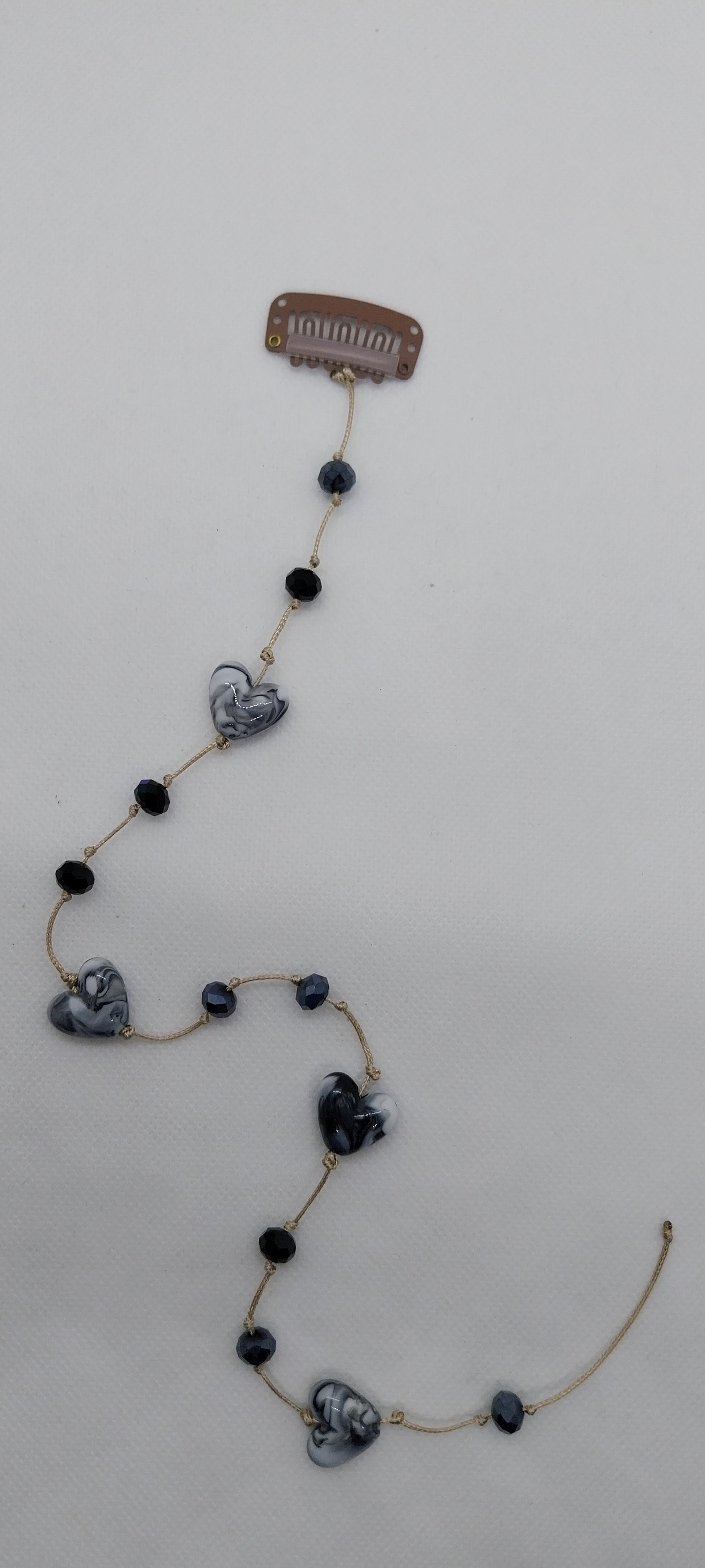 Bijou de cheveux perle cristal noir & cœur noir et blanc