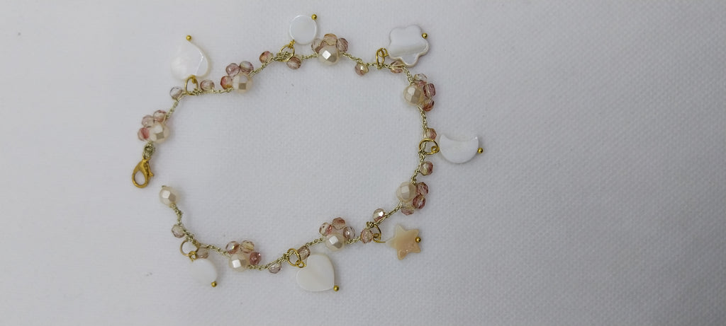Beige crystal bead anklet with moon, star & round charms
