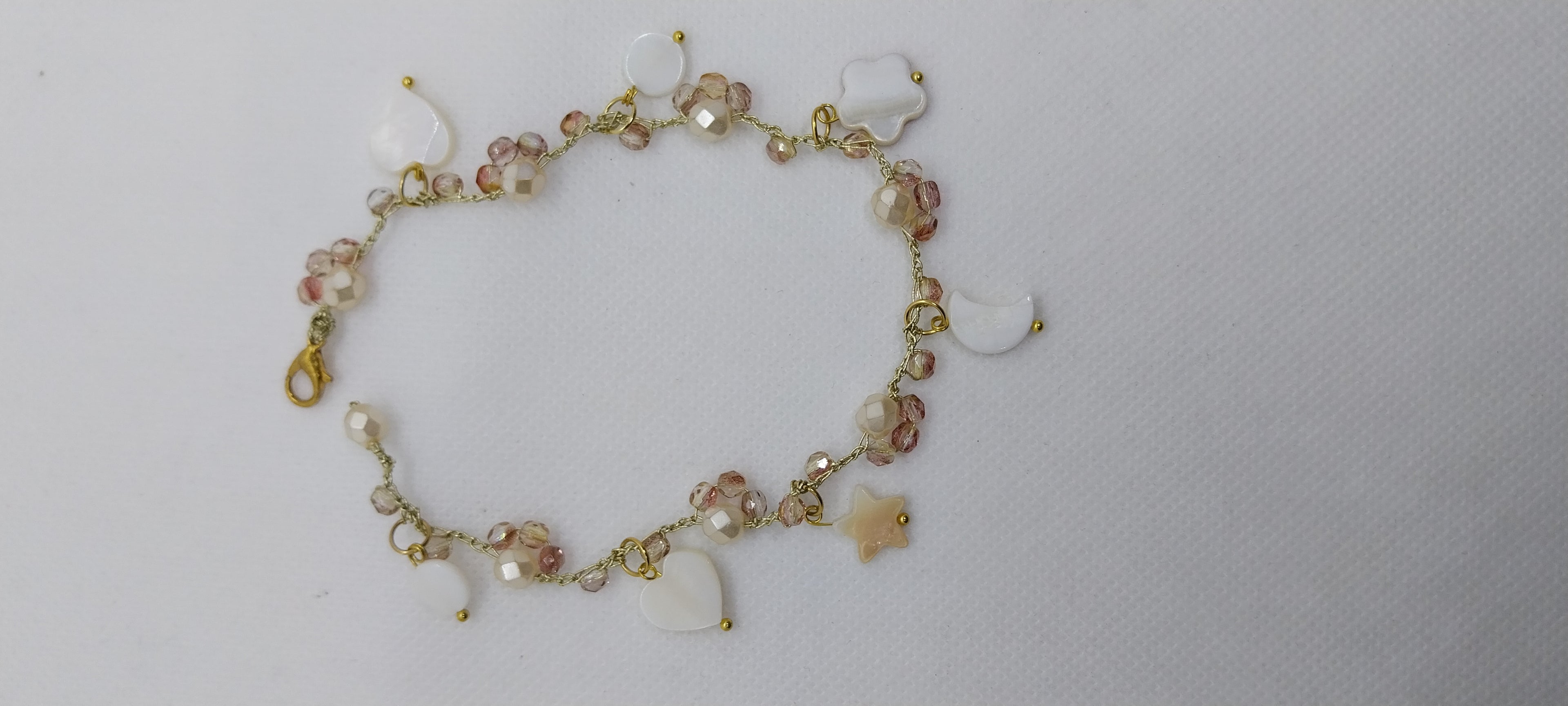 Beige crystal bead anklet with moon, star & round charms