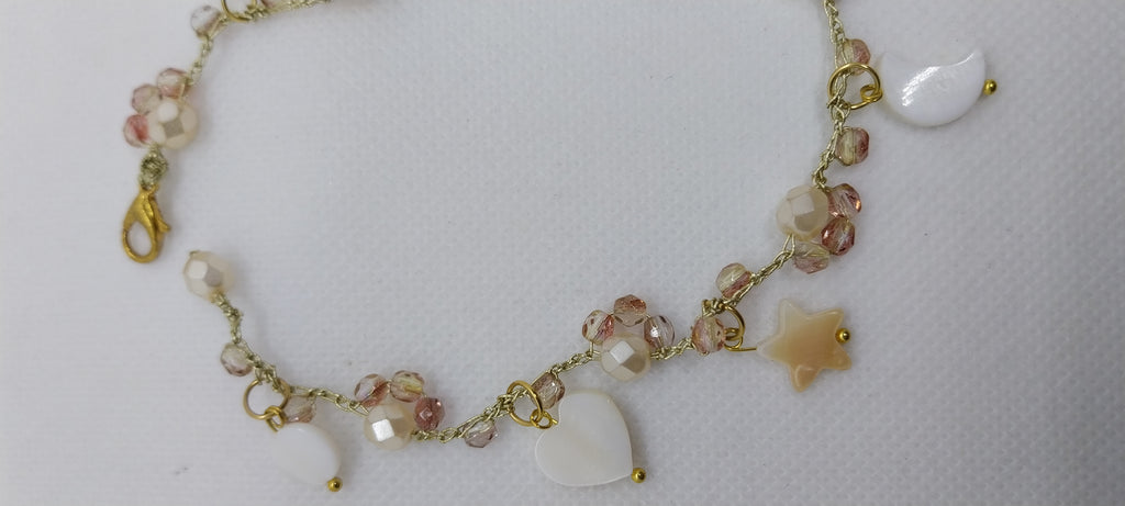 Beige crystal bead anklet with moon, star & round charms