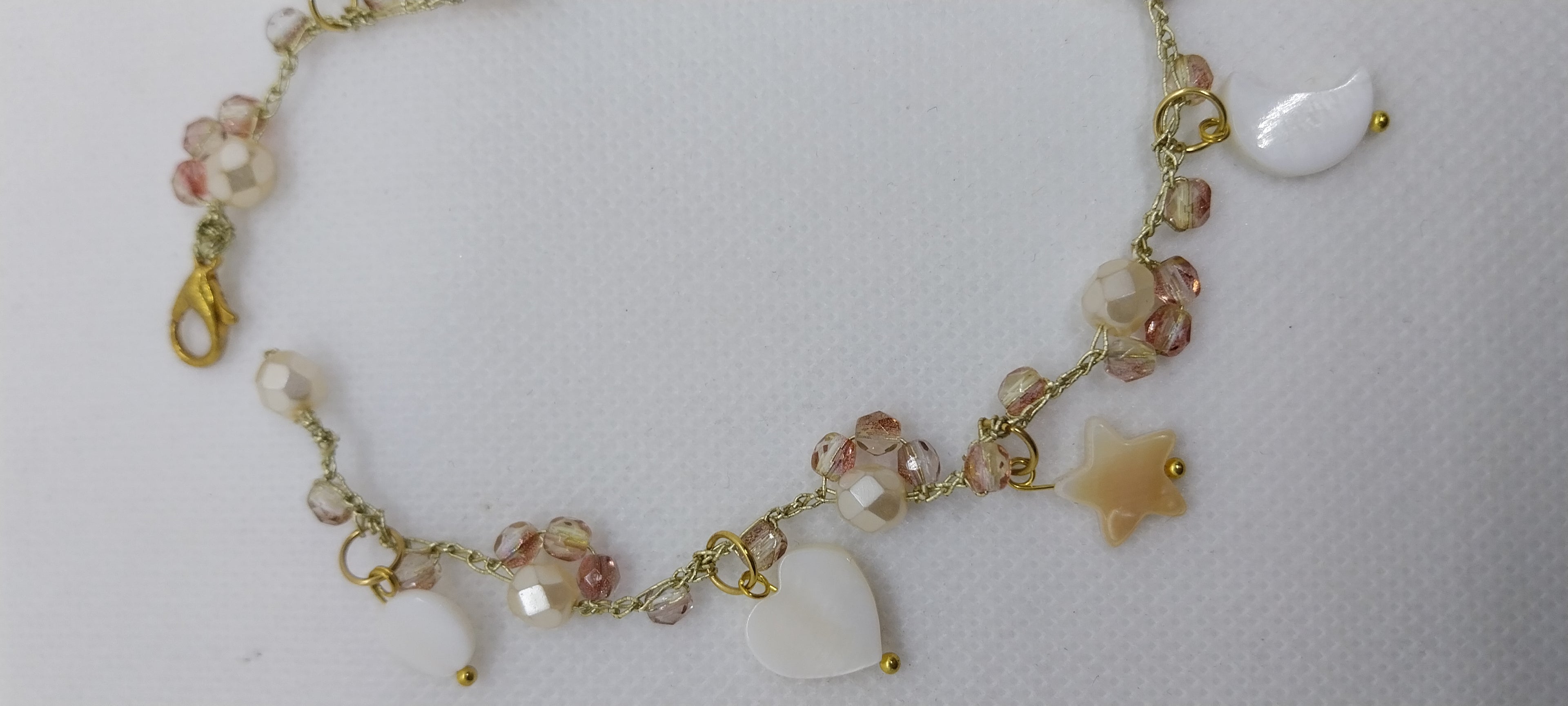 Beige crystal bead anklet with moon, star & round charms