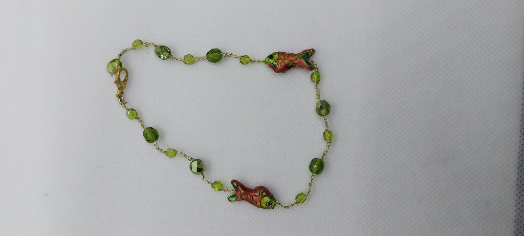 Green crystal bead anklet & orange and green fish bead