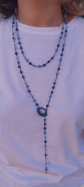 Shiny Blue Thread Necklace – White Heart & Tiger's Eye Beads