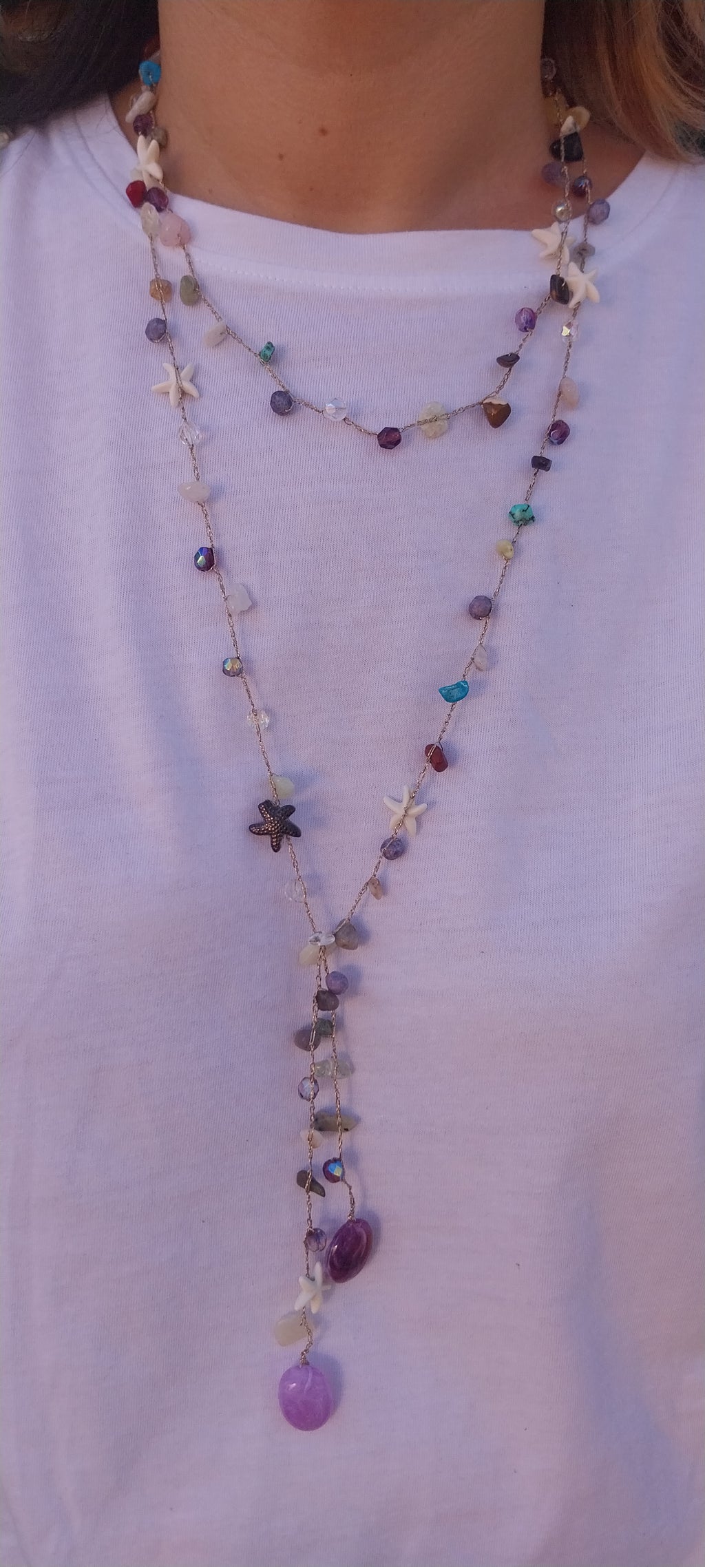 Mixed Gold & Silver Thread Necklace – Gemstones, Shell & Large Purple Pearl