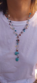 Mixed Gold & Silver Thread Necklace – Gemstones, Shell & Large Turquoise Blue Pearl