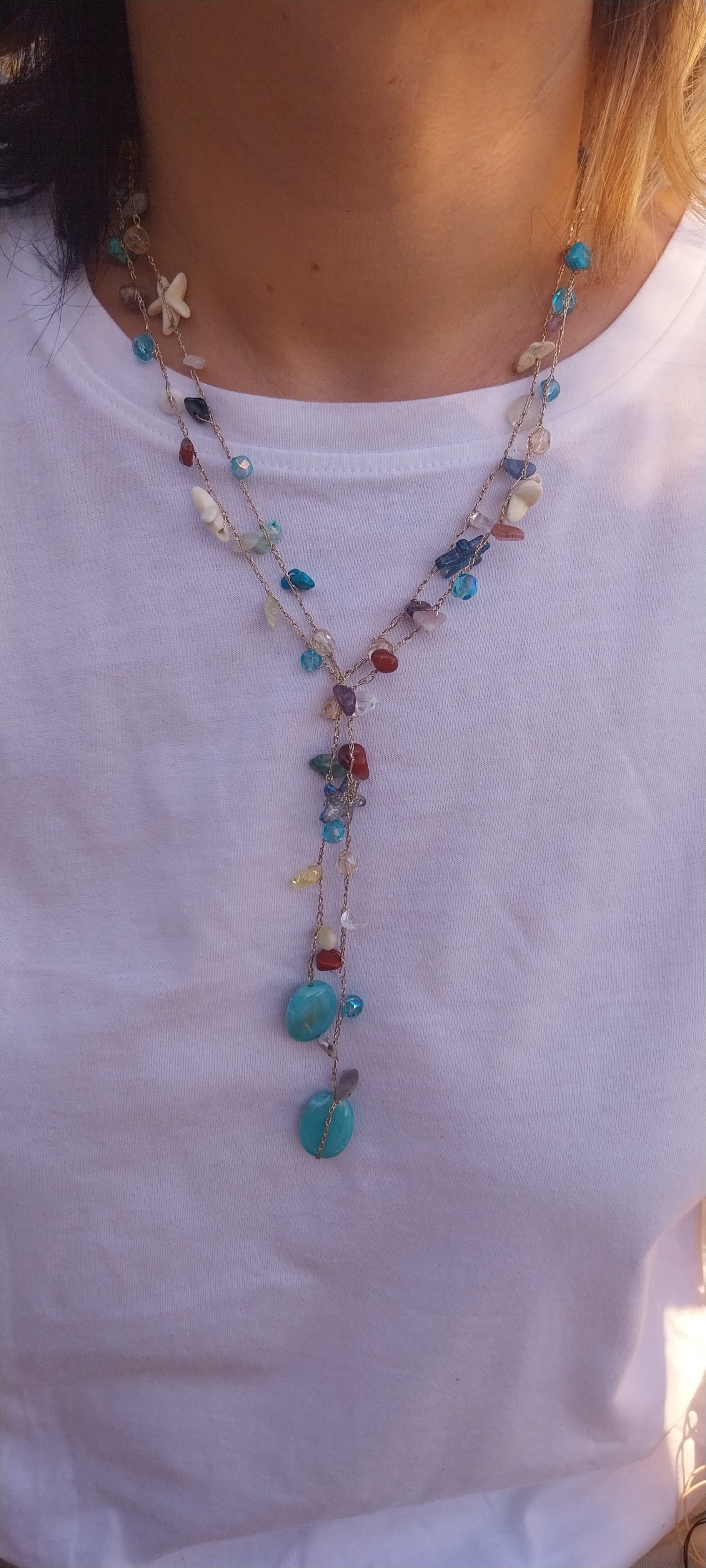 Mixed Gold & Silver Thread Necklace – Gemstones, Shell & Large Turquoise Blue Pearl