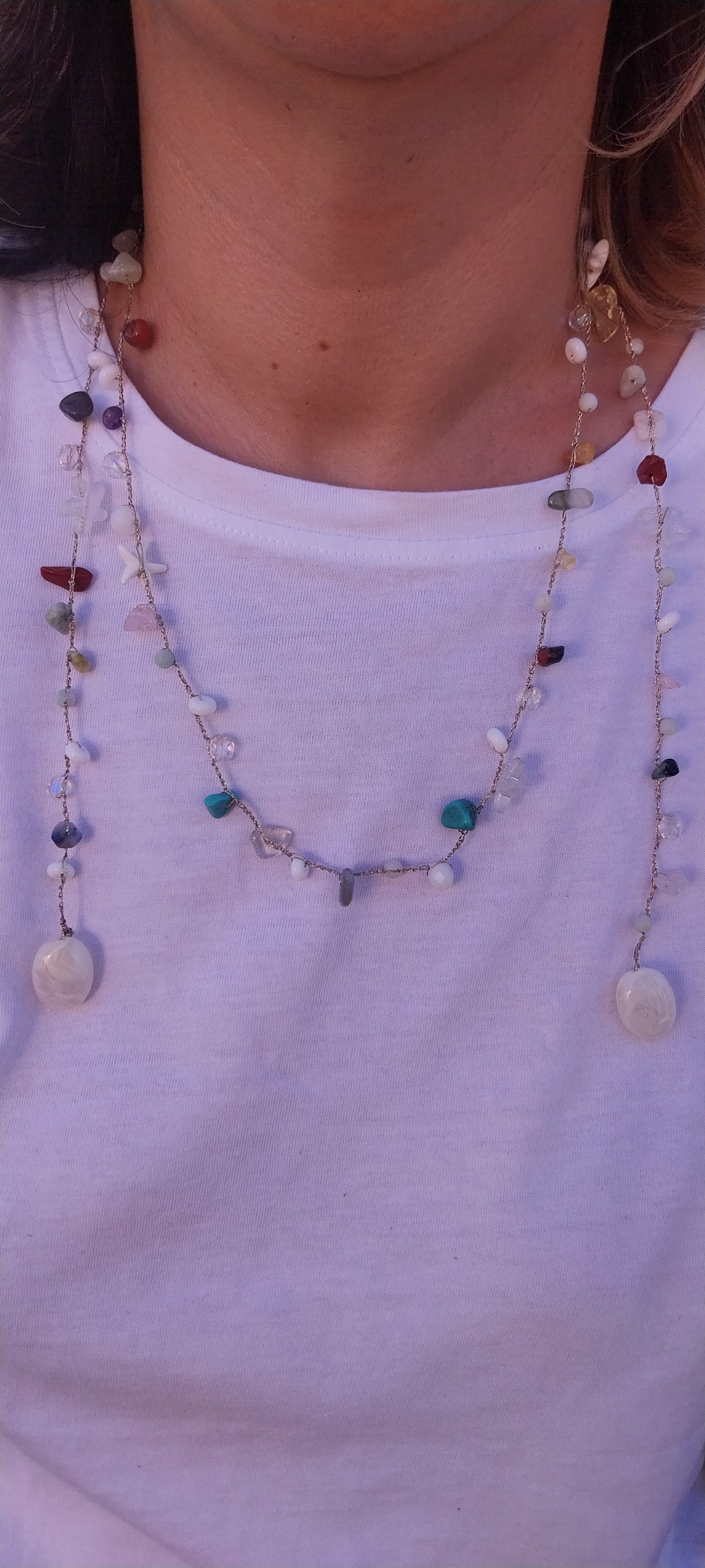 Gold & Silver Mixed Wire Necklace – Precious Stones, Shell & Large Pearly White Pearl