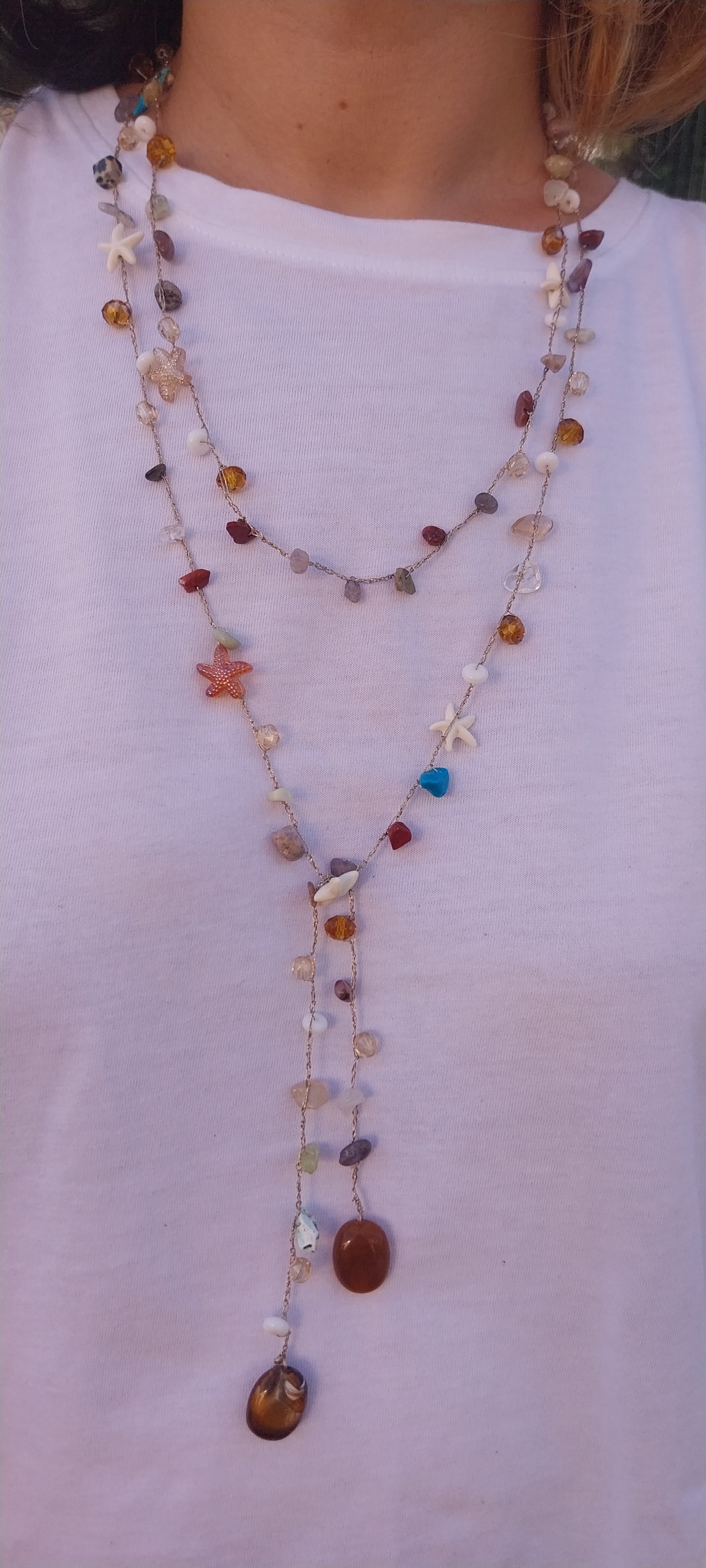 Mixed Gold & Silver Thread Necklace – Precious Stone, Shell & Large Pearly Brown Pearl