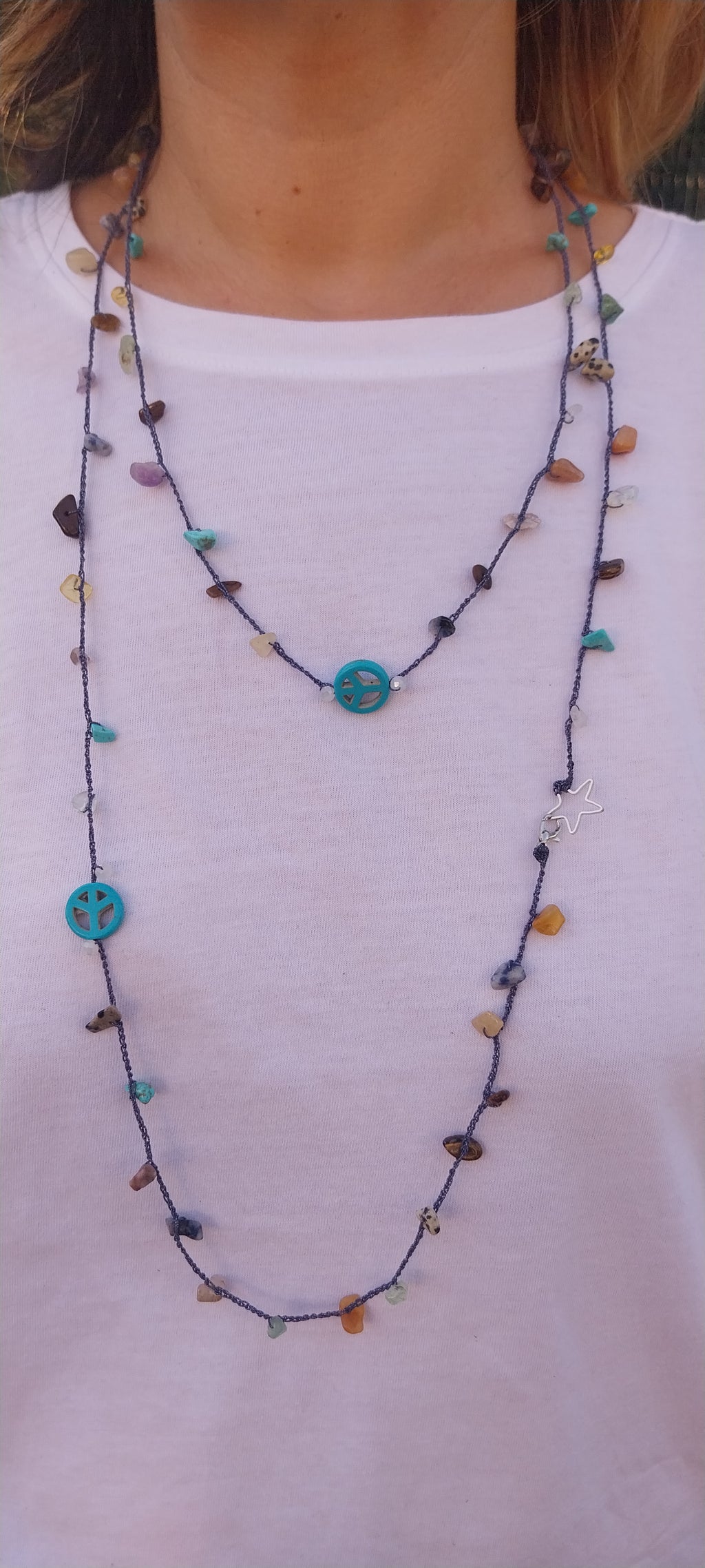 Bohemian Turquoise Blue Necklace - Shimmering Thread, Gemstones & Beads, Peace and Love