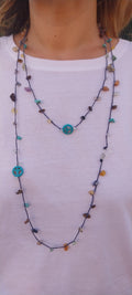 Bohemian Turquoise Blue Necklace - Shimmering Thread, Gemstones & Beads, Peace and Love