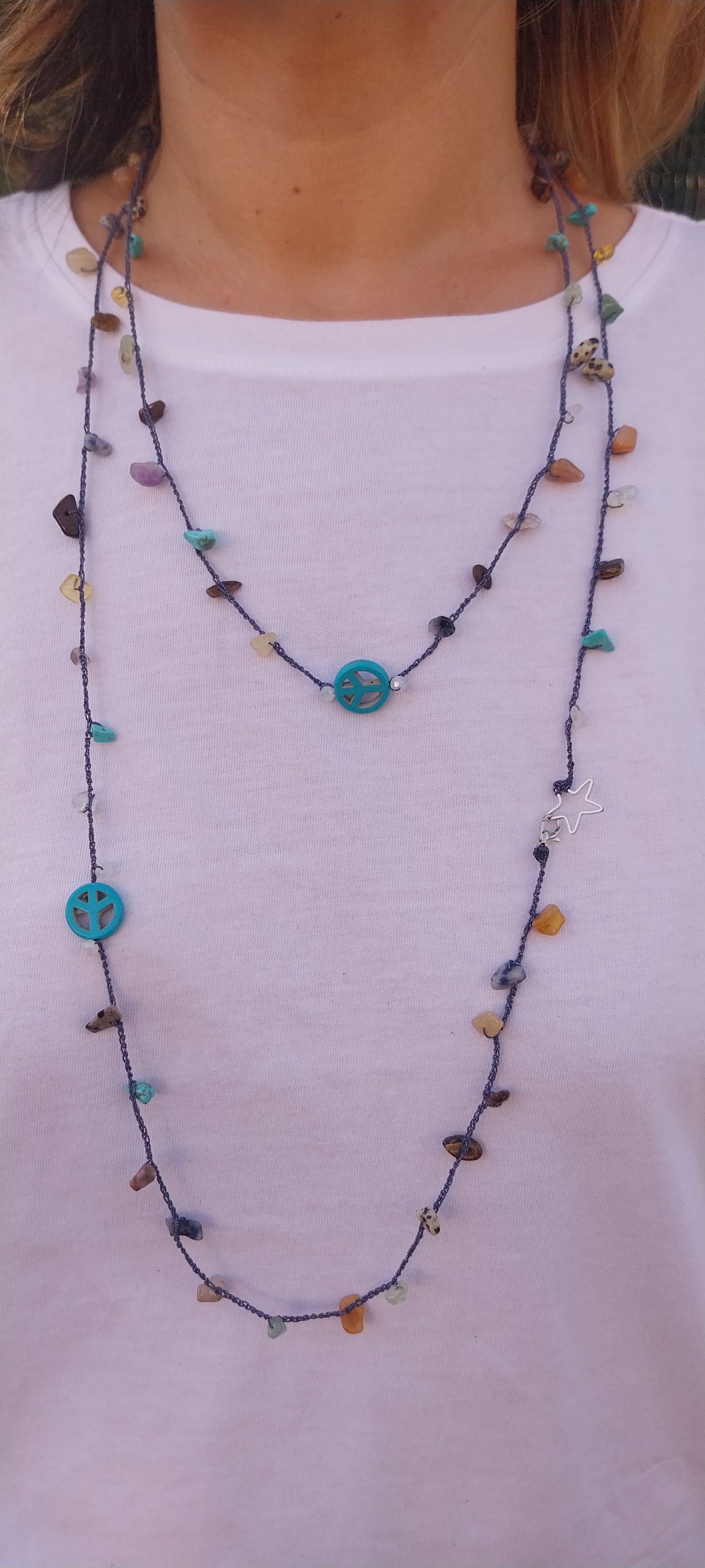 Bohemian Turquoise Blue Necklace - Shimmering Thread, Gemstones & Beads, Peace and Love