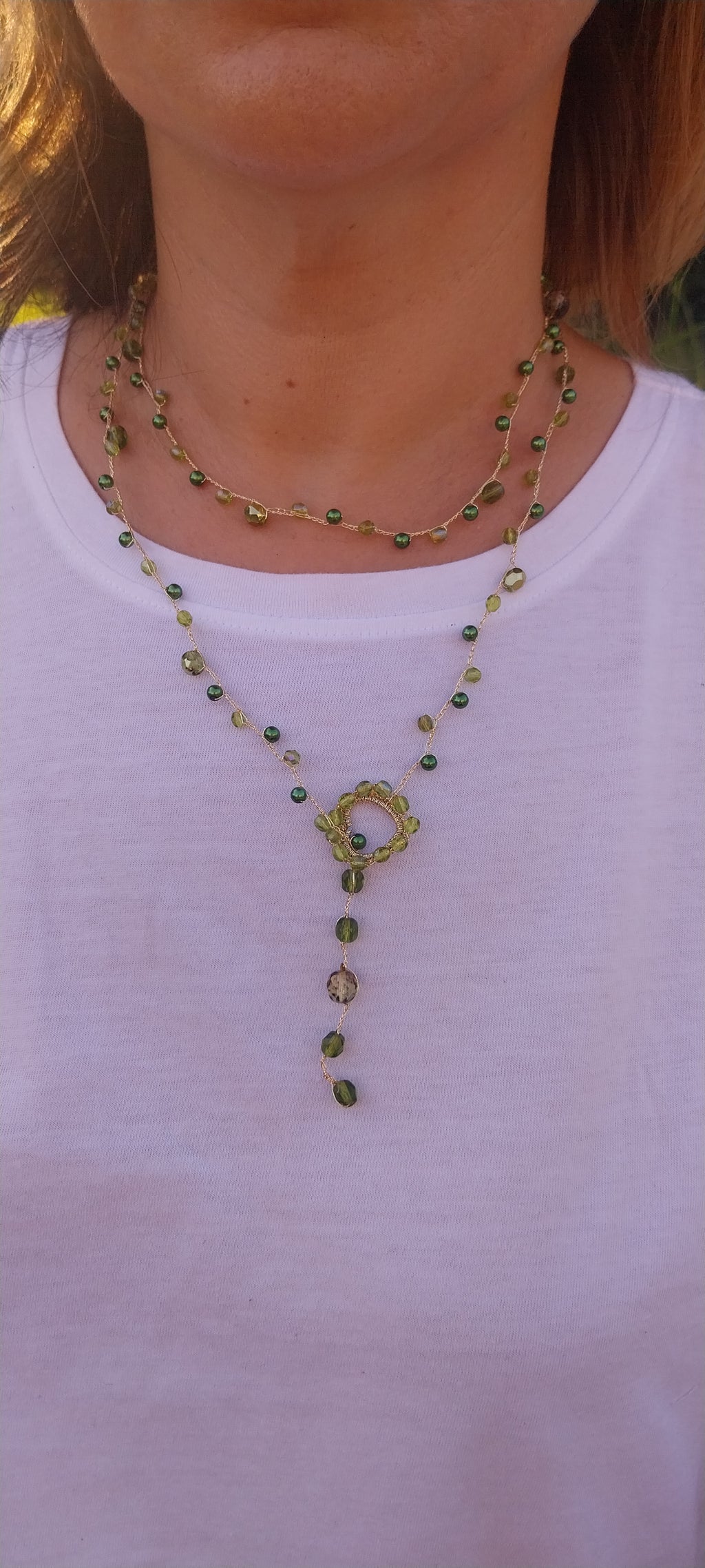Green & Gold Thread Necklace – Handmade Heart Pendant