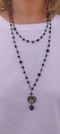 Black Wire Necklace – Black & Heart Crystal Beads, Stainless Steel Clasp