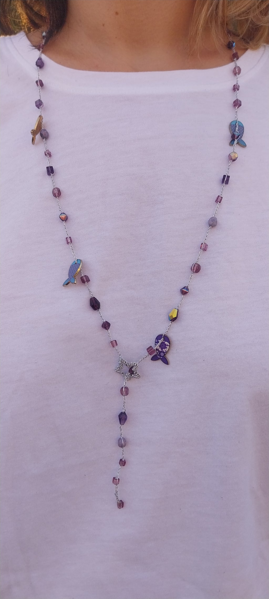 Silver-Plated Wire Necklace – Purple Crystal Bead & Fish Pendant