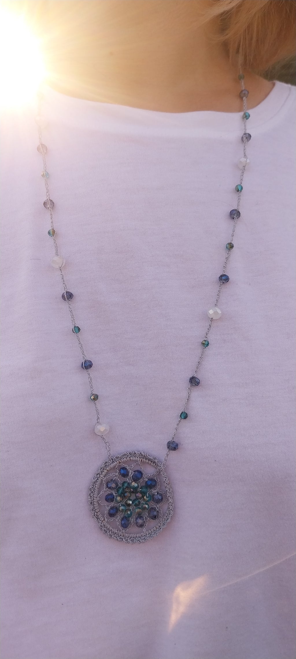 Collier Mandala Gris & Bleu Jean Argenté
