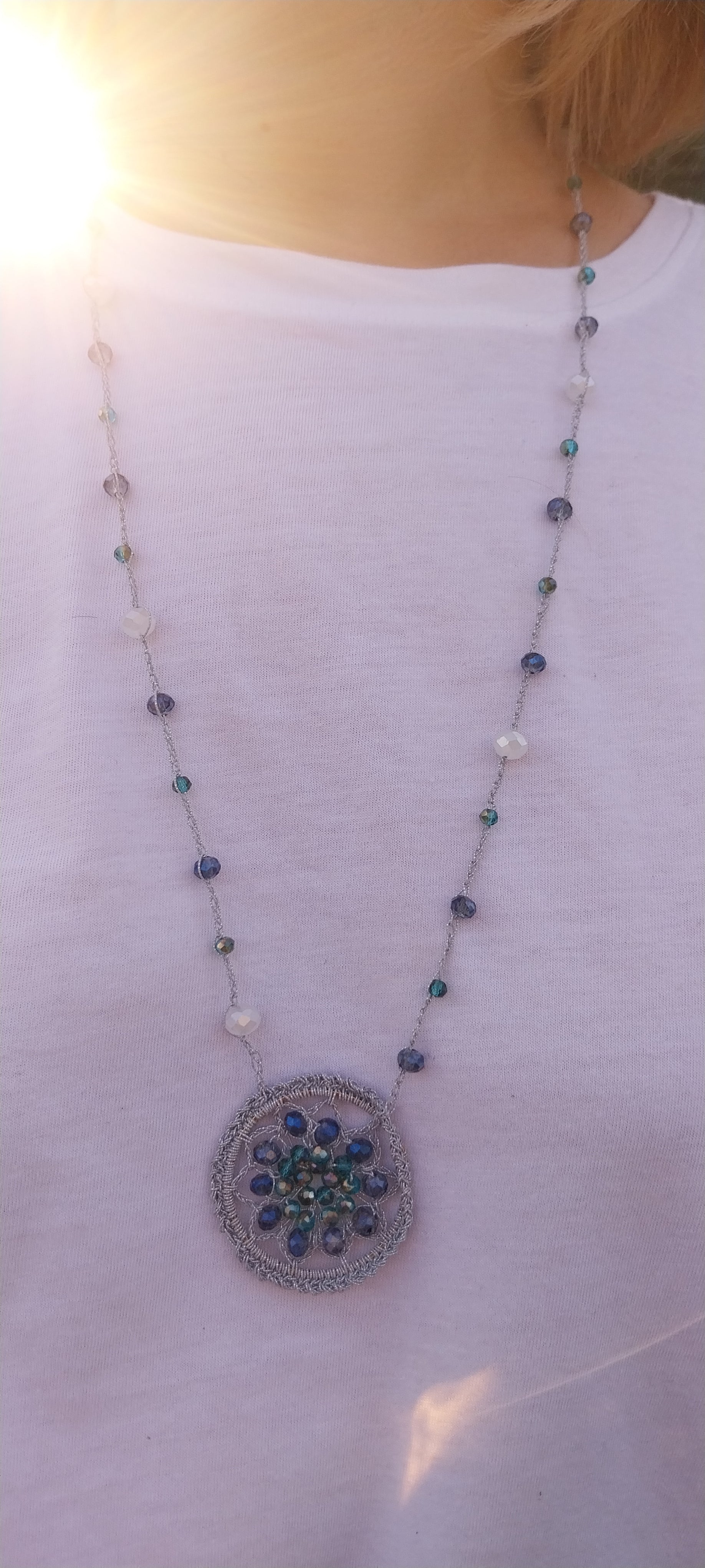 Collier Mandala Gris & Bleu Jean Argenté