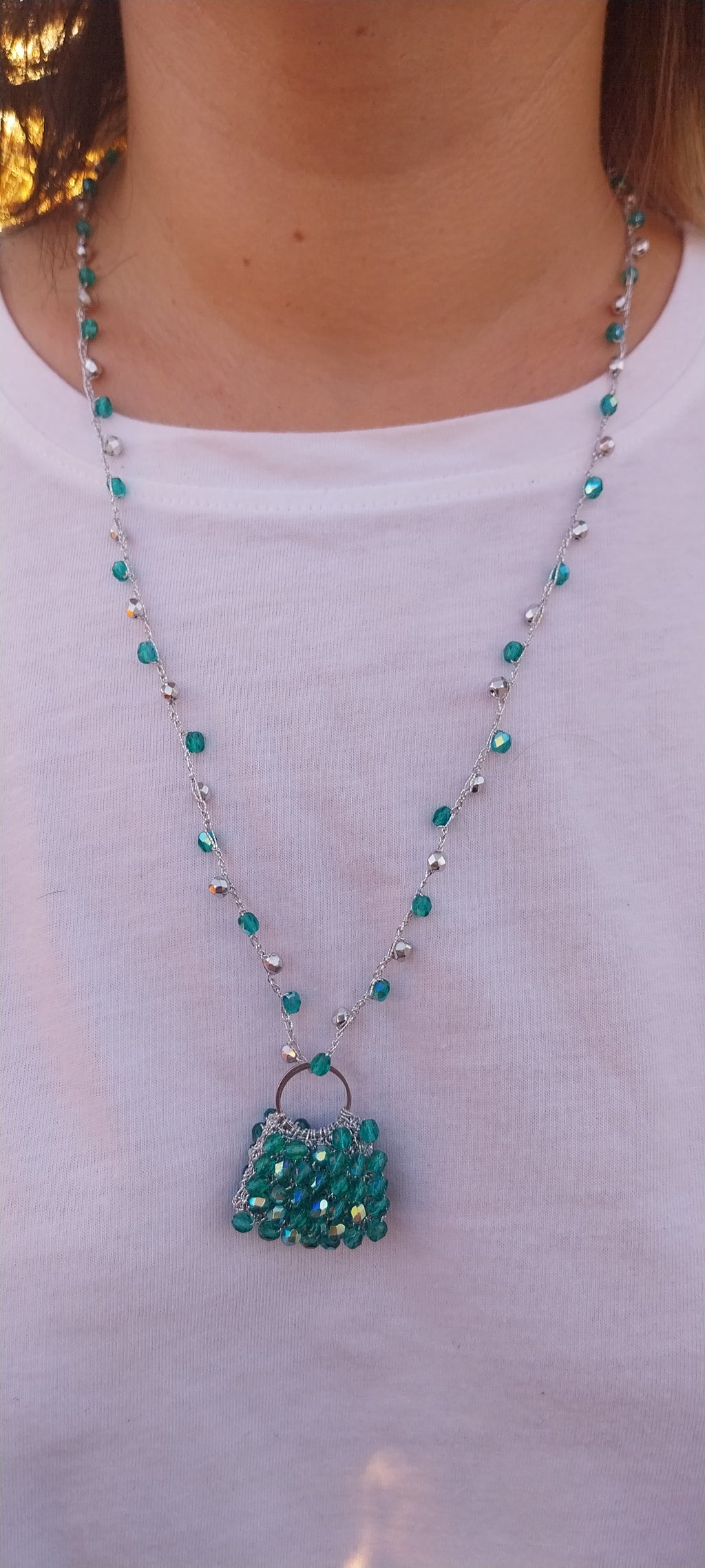 Handbag Pendant Necklace – Silver, Grey & Green Threads, Beaded Ball