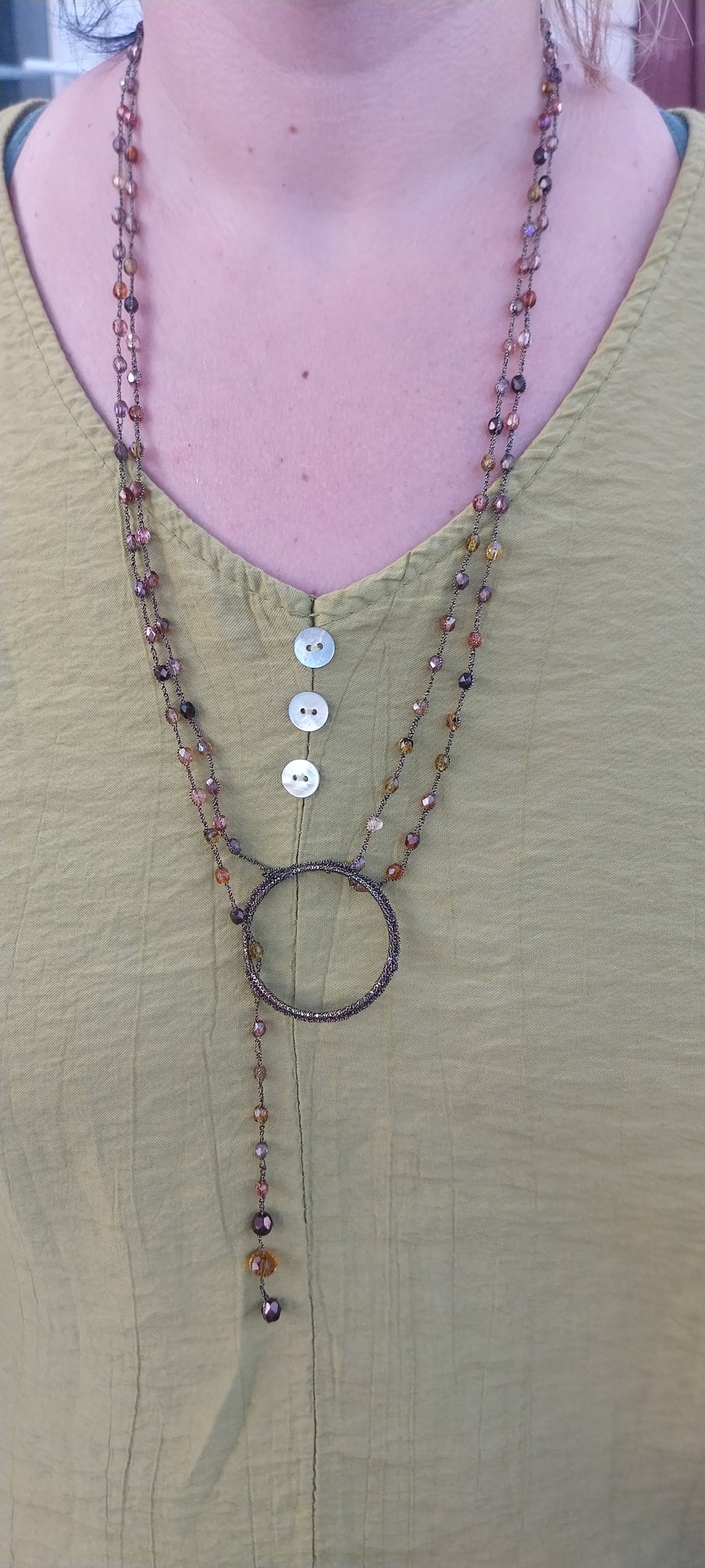 Sautoir perles cristal tons marron — fil marron brillant